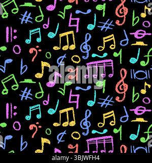Eléments de musique pop manuscrits. Motif sans coutures de style charbon. Griffonner des notes aux couleurs arc-en-ciel pour les enfants de maternelle. Illustration vectorielle d'un mignon Illustration de Vecteur