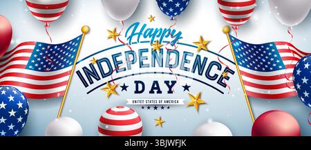 Conception de bannière de jour de l'indépendance du quatrième juillet avec ballon de fête de motif de drapeau américain sur fond clair. 4 juillet USA National Holiday Vector Illustration de Vecteur