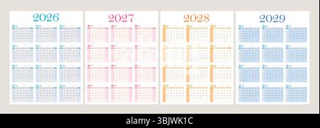 Jeu de cliparts de modèle de calendrier. Collection de 2026, 2027, 2028 et 2029 illustrations vectorielles de conception clip art annuelles, mensuelles et hebdomadaires simples. Illustration de Vecteur