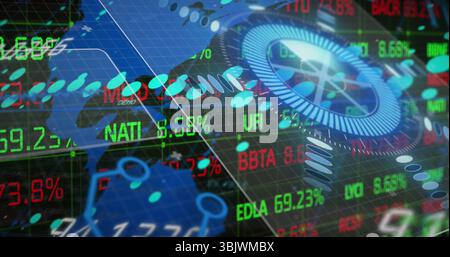 Affichage de jauge circulaire et icône d'engrenage brillante dans l'interface de trading, avec des tickers d'actions défilant Banque D'Images