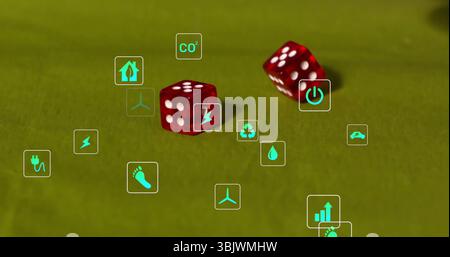 Dés rouges reposant sur une surface en feutre vert, avec des icônes flottantes d'énergie de goutte d'eau de recyclage de CO2 Banque D'Images