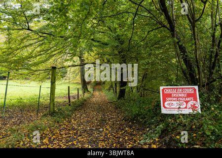 Panneau 'attention - chasse en cours à l'entrée d'un chemin forestier. Signe réglementaire de la Fédération des chasseurs Banque D'Images