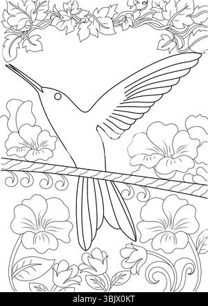 Illustration détaillée d'un colibri perché sur une branche entourée de fleurs et de feuilles en fleurs, conçue comme une page à colorier pour adultes Illustration de Vecteur