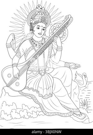 Illustration d'art en noir et blanc de la déesse hindoue Saraswati, la divinité vénérée de la connaissance, de la musique, des arts, de la sagesse et de l'apprentissage. Elle est représentée Illustration de Vecteur