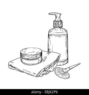 Gel douche, crème pour le corps et serviette douce. Pinceaux et flacons de maquillage. Illustration vectorielle. Accessoires de spa et bains, isolés sur un fond blanc. W Illustration de Vecteur