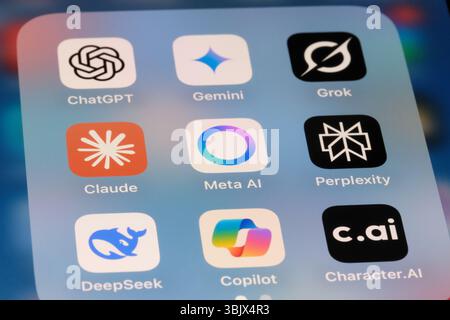 Shanghai, Chine-20 avril 2025 : Meta ai, Claude, ChatGPT, Gemini, Grok, Perplexity, DeepSeek, CoPilot et Character.ai. Icônes d'applications ai assorties Banque D'Images