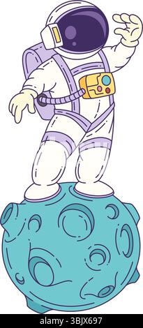 Mascotte de dessin animé astronaute debout sur la surface de la lune dans un costume blanc saluant avec la main levée, représentant l'exploration et la découverte. Convient pour Illustration de Vecteur