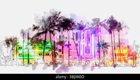 Illustration aquarelle des hôtels et restaurants Ocean Drive au coucher du soleil. Horizon de la ville avec des palmiers la nuit. Art déc Banque D'Images