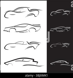 Ensemble de diverses icônes de voiture - silhouettes dynamiques - Design isolé noir et blanc Illustration de Vecteur