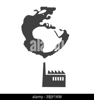 Une usine stylisée émet une fumée noire épaisse de sa cheminée, qui se transforme en une forme de globe. Les continents émergent de la fumée, symbolisant th Illustration de Vecteur