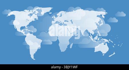 Une image conceptuelle de la portée mondiale ou de la connexion, avec un contour stylisé de la carte du monde sous des nuages flottants stylisés sur un fond sombre. Unive Illustration de Vecteur