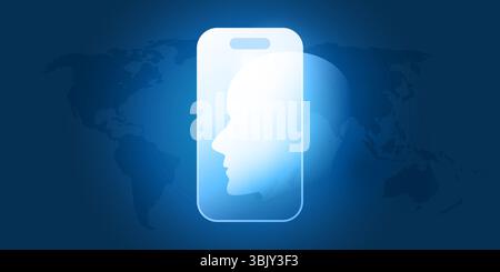 Concept futuriste bleu et blanc d'utilisation de l'IA sur les appareils mobiles. Une silhouette de visage humain émerge d’un smartphone, symbolisant la techn de reconnaissance faciale Illustration de Vecteur
