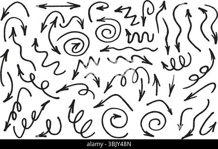Jeu de symboles flèches tracés à la main. Doodle pinceau ligne griffonne pointeurs de flèche illustration vectorielle Illustration de Vecteur