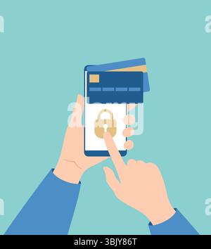 Main tenant le smartphone avec les cartes de crédit dessus et appuyant sur l'icône de verrouillage à l'écran. Illustration vectorielle plate Illustration de Vecteur