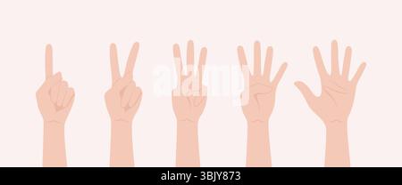 Jeu de mains montrant des chiffres de un à cinq avec les doigts. Illustration vectorielle plate Illustration de Vecteur