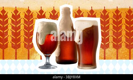 Narration visuelle contemporaine trois boissons à base de bière brune mousseuse avec motif blé dans un style de collage rétro Banque D'Images