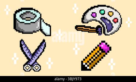 Icônes de pixel d'outils d'art et d'artisanat, y compris des ciseaux de ruban de palette et un crayon sur fond beige Illustration de Vecteur