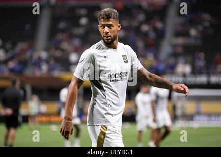 Atlanta, États-Unis. 16 juin 2025. L'attaquant du LAFC Denis Bouanga (99 ans) se réchauffe avant le match de la Coupe du monde des clubs de la FIFA contre le Chelsea FC au stade Mercedes-Benz d'Atlanta, en Géorgie, le 16 juin 2025. (Photo de Kindell Buchanan/Sipa USA) crédit : Sipa USA/Alamy Live News Banque D'Images