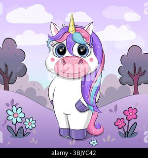Mignon Cartoon White Licorne dans la nature. Illustration vectorielle d'un animal avec des fleurs et des arbres. Illustration de Vecteur