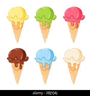 Collection de cône de crème glacée dans le style de bande dessinée. Saveurs gelato vanille, chocolat, citron, menthe, fraise, ensemble saveur estivale citron, mangue. Illustration de Vecteur