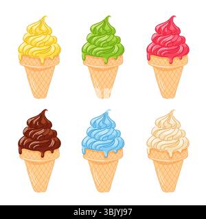 Diverses glaces en cônes gaufrés saveurs de myrtille, fraise, pistache, amande, citron et chocolat sur fond blanc. Été et désert Illustration de Vecteur