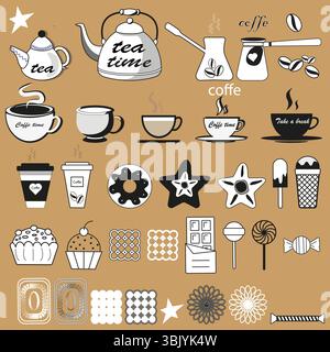 Café thé sucreries. Icônes de boissons et d'aliments. Symboles de boisson dessert. Contours noirs et blancs. Illustration de Vecteur