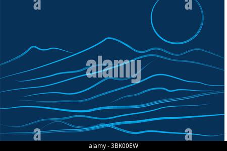 Abstrait Mountain Line Arts avec vecteur de fond de soleil. Blue Wavy style Mountain Design pour affiche Illustration de Vecteur