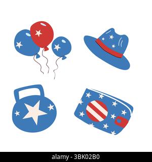 Icônes festives du 4 juillet avec ballons, chapeau et éléments de drapeau américain pour la conception de célébration. Illustration de Vecteur