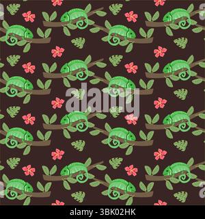 Caméléons tropicaux sur les branches avec des feuilles et des fleurs - conception de motif nature pour le tissu ou le papier peint. Illustration de Vecteur