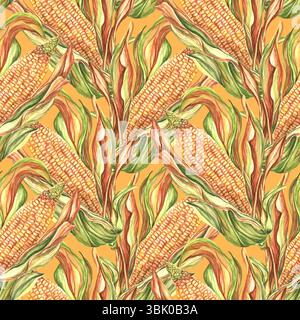 Motif d'aquarelle pittoresque avec des épis de maïs et des feuilles, motif sans couture lumineux. Imprimé végétal juteux pour les impressions textiles, emballages de foire de récolte, fond botanique juteux lumineux. Banque D'Images