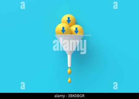 Concept de workflow de transformation des entrées et des sorties. Trois sphères jaunes avec des flèches vers le bas tombant dans un entonnoir et se transformant en liquide sur bac bleu Banque D'Images