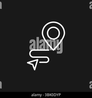 Épingle de localisation avec flèche de navigation et chemin sur fond noir, représentant le GPS ou le guidage d'itinéraire, icône de contour blanc Illustration de Vecteur