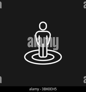 Personne debout sur des cercles concentriques sur fond noir, représentant l'emplacement ou la présence de l'utilisateur, icône contour blanc Illustration de Vecteur