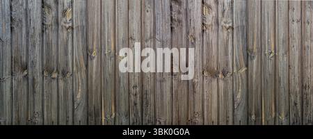 Les planches verticales en bois montrant les intempéries et les nœuds créent un fond texturé rustique Banque D'Images