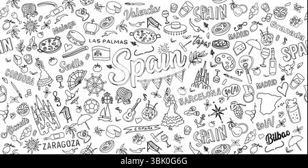 Espagne Doodle Art bannière horizontale. Illustration dessinée à la main Illustration de Vecteur