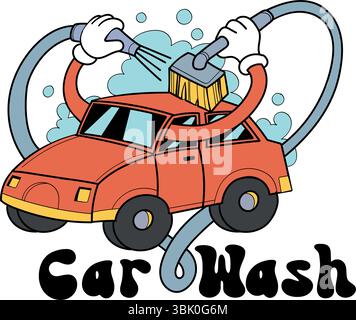 dessin animé de style rétro logo de lavage de voiture. illustration vectorielle Illustration de Vecteur