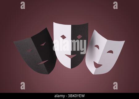 Masques de théâtre en papier noir et blanc sur fond rouge, photo minimaliste Banque D'Images