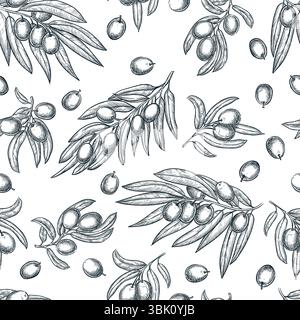 Branches d'olives avec des feuilles sans couture motif. Illustration vectorielle d'esquisse dessinée à la main. Nourriture, huile, produits cosmétiques fond. Conception de tissu, emballage Illustration de Vecteur