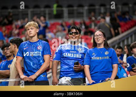 Atlanta, États-Unis. 16 juin 2025. Les fans du Chelsea FC avant le match de la Coupe du monde des clubs de la FIFA contre le LAFC au stade Mercedes-Benz à Atlanta, en Géorgie, le 16 juin 2025. (Photo de Kindell Buchanan/Sipa USA) crédit : Sipa USA/Alamy Live News Banque D'Images