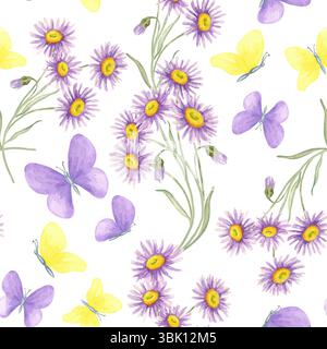 Les papillons jaunes et lavandes volent autour de tiges d'aster douces dans ce motif aquarelle sans couture. Clipart de fleurs sauvages et d'insectes conçu pour la conception de surface, le papier artisanal, ou la décoration de planificateur Banque D'Images