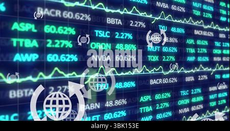 Affichage des symboles de suivi des téléscripteurs et des chiffres de % sur la salle des marchés, avec graphiques linéaires et icônes de globe Banque D'Images