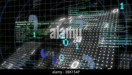 Rendu des lignes de grille décalées dans la matrice de données, avec des chiffres binaires, des extraits de code et des plans en pointillés Banque D'Images