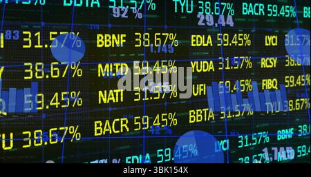 Affichage de symboles de bourse défilant sur écran financier dans la salle des marchés, avec cercles de surbrillance Banque D'Images