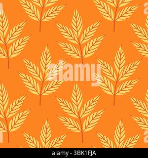 Motif floral abstrait simple sans couture avec des feuilles d'automne colorées en jaune. Les feuilles sont disposées en rangées sur un fond orange, ambiance d'automne confortable Illustration de Vecteur