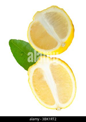 Vue de face de fruits de citron jaune mûr ou de tranches en deux ellipses ou moitiés ovales avec feuille verte est isolé sur fond blanc avec chemin de découpage. Banque D'Images