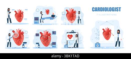 Collection cardiologue. Santé cardiaque. Les médecins islamiques féminins examinent les organes internes. Ensemble d'illustrations vectorielles dans un style de dessin animé plat Illustration de Vecteur