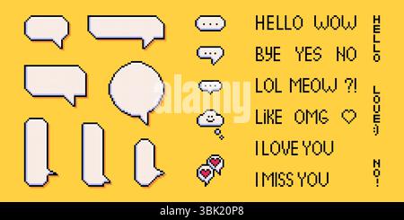 Bulles de discours rétro pixel art et messages de chat sur fond jaune - ballons de communication de style 8 bits avec des phrases de texte mignonnes pour l'interface utilisateur de jeu, la conception de messagerie numérique et les médias sociaux nostalgiques. Illustration de Vecteur