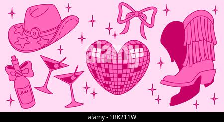 Ensemble d'éléments de fête de cowgirl disco rose - boule miroir scintillante en forme de coeur, bottes occidentales frangées, ruban décoratif, chapeau à motif étoile, verres à cocktail, bouteille attachée avec arc. Icône de musique country rétro Illustration de Vecteur