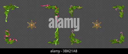 Coins de guirlande d'arbre de Noël faits de branches de pin vert, de rubans, de cannes de bonbons et d'icône de flocons de neige dorés. Décoration de vacances 3D réaliste à partir de feuillage persistant pour un design hivernal festif. Illustration de Vecteur
