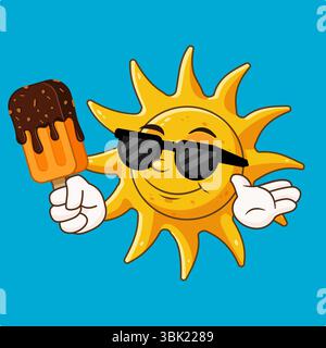 Joyeux soleil appréciant un Popsicle sur un jour d'été illustration vectorielle dessin animé Illustration de Vecteur